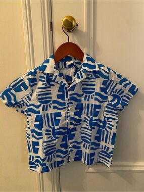 Petit Bateau White and Blue Graphic Short-Sleeve Button-Up Shirt